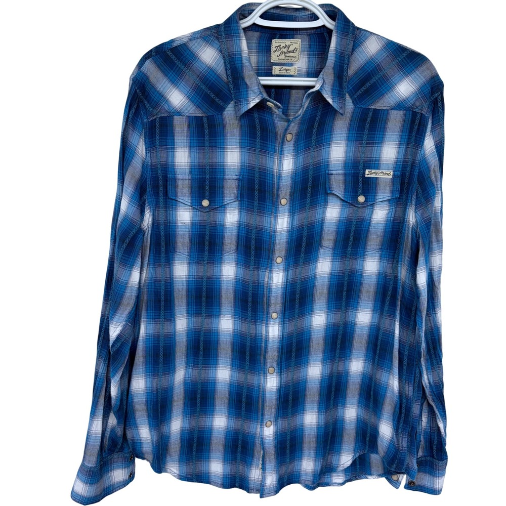 Lucky Brand Sportswear Pearl Snap Western Shirt Large Mens‎ Blue White Country